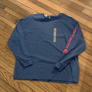 Carhartt Men's Heather Blue Long Sleeve Tee with Red Logo